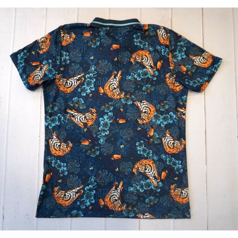 Fresh Prints Of Bel Air Men’s Blue Jungle Print Polo Shirt with Tigers, Size XL - Picture 6 of 7